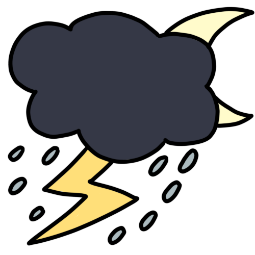 a dark raincloud with rain and a bolt of lighting coming from it, and a cresent moon partly behind it on the right.